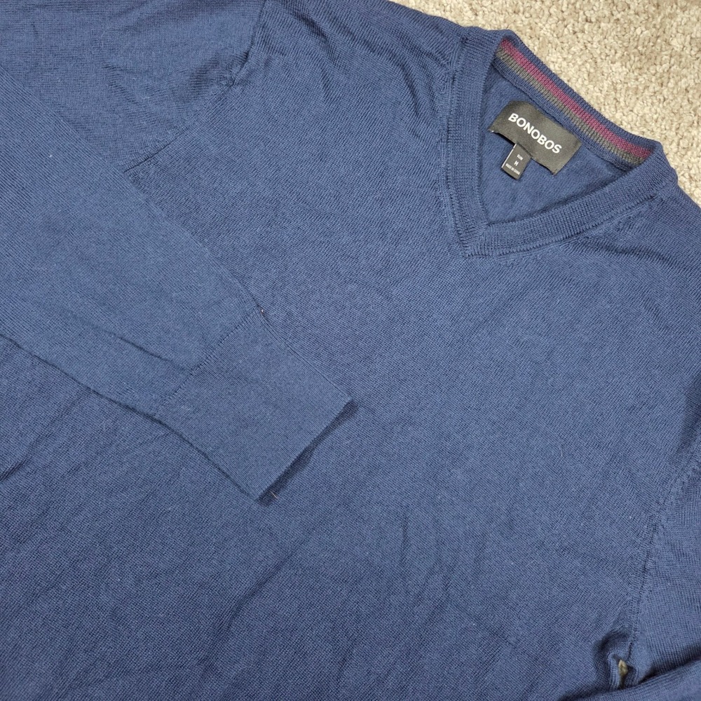 Bonobos Merino Wool Sweater Mens M Slim Fit V-Neck Blue Preppy Business Casual